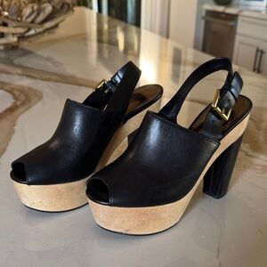 Coach Black Leather Platform Mules with Tan Soles